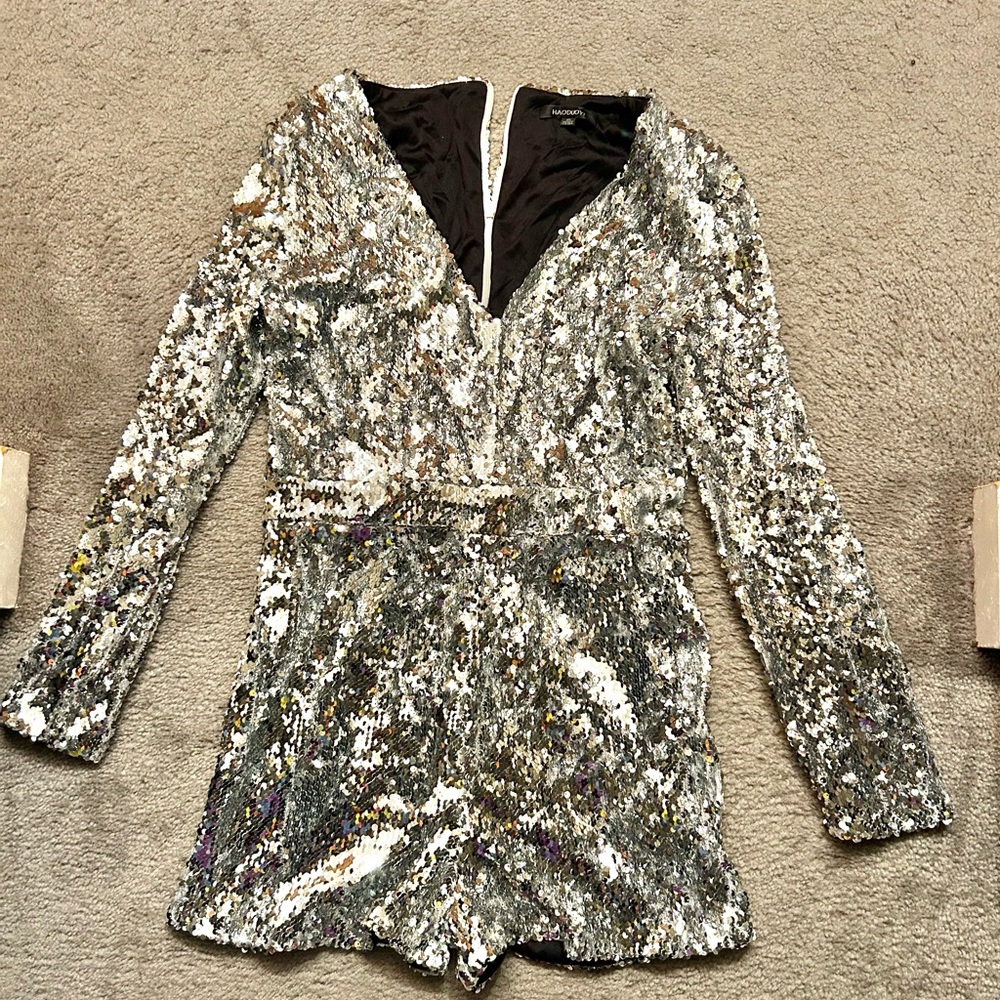 Silver Sequin Long Sleeve Romper and matching thigh high boots
